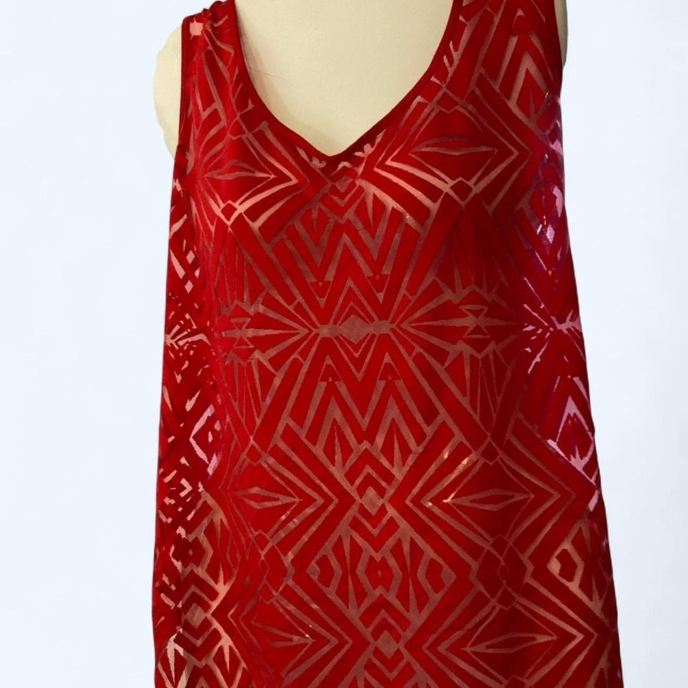 Worthington Red geometric print sleeveless top with V-neckline sheer 2X